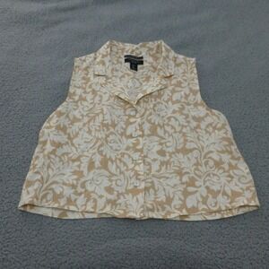 TAHARI Vest Top Womens Large Linen Floral Sleeveless Collared Button Front
